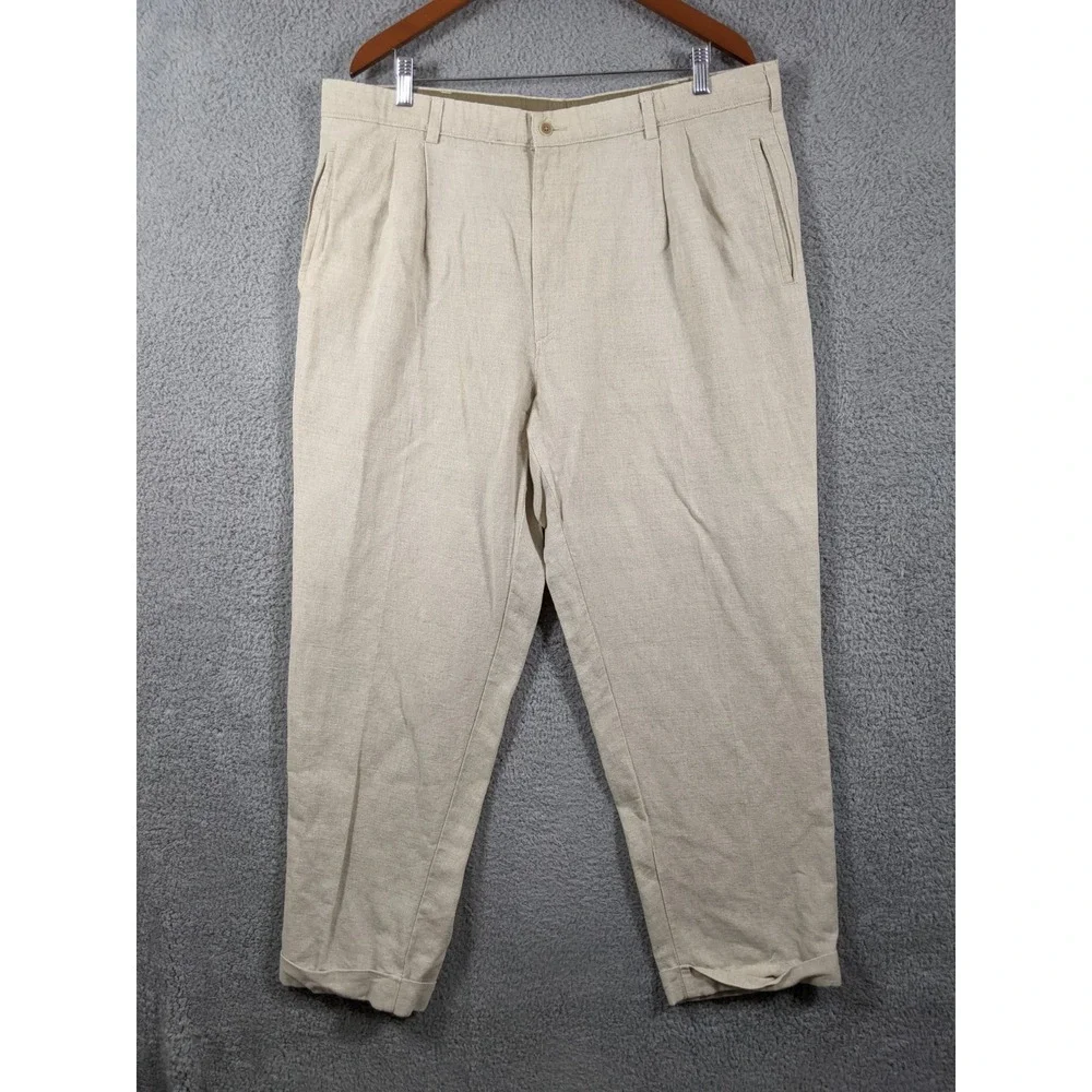 Savane Linen Blend Pants Mens 38x28 Beige Pleated High Rise Resort Wear Vacation